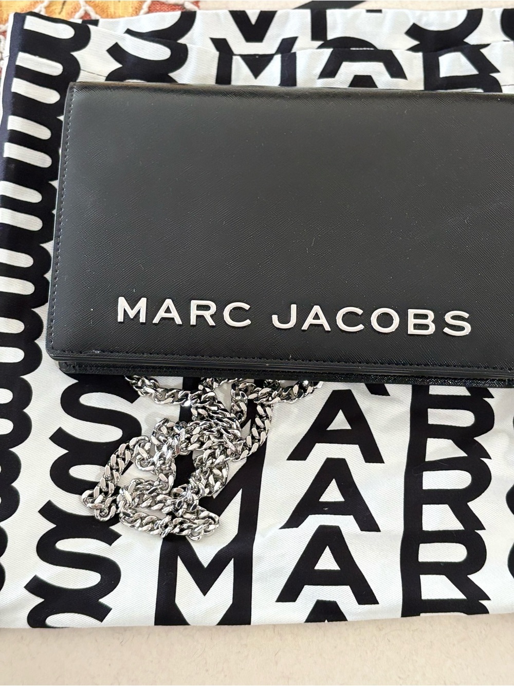 Marc Jacobs Black Leather Crossbody with Silver Chain